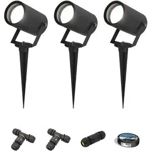 HOFTRONIC 3er Set Spikey LED Gartenstrahler mit Erdspieß - GU10 - 4 Watt 345 Lumen - Dimmbar - Schwenkbar - 6500K tageslichtweiß - IP64 Wasserdicht - Schwarz - Inklusive Installationsmaterial (Kabel & Verbinder)