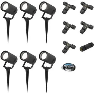 HOFTRONIC 6er Set Spikey LED Gartenstrahler mit Erdspieß - GU10 4 Watt 345 Lumen - Dimmbar - Schwenkbar - 6500K tageslichtweiß - IP64 Wasserdicht - Schwarz - Inklusive Installationsmaterial (Kabel & Verbinder)
