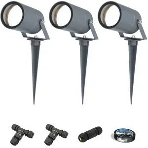 HOFTRONIC 3er Set Spikey LED Gartenstrahler mit Erdspieß - GU10 4 Watt 345 Lumen - Dimmbar - Schwenkbar - 6500K tageslichtweiß - IP64 Wasserdicht - Anthrazit - Erdspießstrahler - Außenstrahler - Inklusive Installationsmaterial (Kabel & Verbinder)