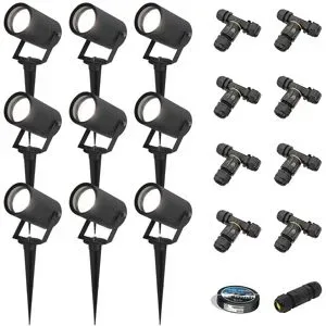 HOFTRONIC 9er Set Spikey LED Gartenstrahler mit Erdspieß - GU10 4 Watt 345 Lumen - Dimmbar - Schwenkbar - 6500K tageslichtweiß - IP64 Wasserdicht - Schwarz - Erdspießstrahler - Außenstrahler - Inklusive Installationsmaterial (Kabel & Verbinder)