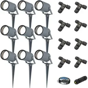 HOFTRONIC 9er Set Spikey LED Gartenstrahler mit Erdspieß - GU10 4 Watt 345 Lumen - Dimmbar - Schwenkbar - 6500K tageslichtweiß - IP64 Wasserdicht - Anthrazit - Erdspießstrahler - Außenstrahler - Inklusive Installationsmaterial (Kabel & Verbinder)