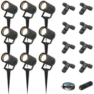 HOFTRONIC 9er Set Spikey LED Gartenstrahler mit Erdspieß - GU10 4 Watt 345 Lumen - Dimmbar - Schwenkbar - 4000K neutralweiß - IP64 Wasserdicht - Schwarz - Erdspießstrahler - Außenstrahler - Inklusive Installationsmaterial (Kabel & Verbinder)