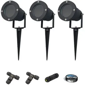 HOFTRONIC Sydney - 3x Gartenstrahler XL - Aluminium - Schwarz - IP65 wasserdicht - Geeignet für GU10 Strahler - 20 Watt - 3 Jahre Garantie - Inklusive Installationsmaterial (Kabel & Verbinder)