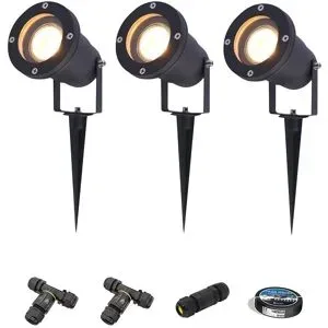 HOFTRONIC 3er Set Sydney LED Gartenstrahler mit Erdspieß - Dimmbar - Schwenkbar - GU10 4 Watt 345 lumen - 2700K warmweiß - IP65 Wasserdicht - Schwarz- Erdspießstrahler - Inklusive Installationsmaterial (Kabel & Verbinder)