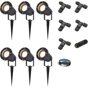 HOFTRONIC 6er Set Sydney LED Gartenstrahler mit Erdspieß - Dimmbar - Schwenkbar - GU10 4 Watt 345 lumen - 2700K warmweiß - IP65 Wasserdicht - Schwarz- Erdspießstrahler - Inklusive Installationsmaterial (Kabel & Verbinder)