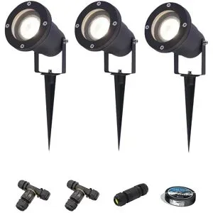 HOFTRONIC 3er Set Sydney LED Gartenstrahler mit Erdspieß - Dimmbar - Schwenkbar - GU10 4 Watt 345 Lumen - 4000K neutralweiß - IP64 Wasserdicht - Schwarz - Erdspießstrahler - Inklusive Installationsmaterial (Kabel & Verbinder)