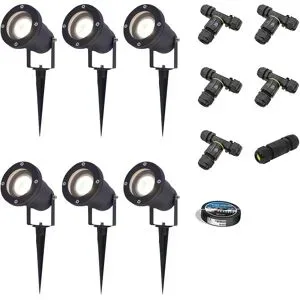 HOFTRONIC 6er Set Sydney LED Gartenstrahler mit Erdspieß - Dimmbar - Schwenkbar - GU10 4 Watt 345 Lumen - 4000K neutralweiß - IP64 Wasserdicht - Schwarz - Erdspießstrahler - Inklusive Installationsmaterial (Kabel & Verbinder)