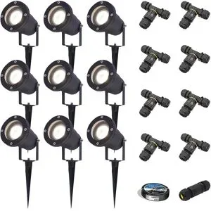HOFTRONIC 9er Set Sydney LED Gartenstrahler mit Erdspieß - Dimmbar - Schwenkbar - GU10 4 Watt 345 Lumen - 4000K neutralweiß - IP65 - Schwarz - Erdspießstrahler - Inklusive Installationsmaterial (Kabel & Verbinder)