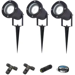 HOFTRONIC 3er Set Sydney LED Gartenstrahler mit Erdspieß - Dimmbar - Schwenkbar - GU10 4 Watt 345 Lumen - 6500K tageslichtweiß - IP64 Wasserdicht - Schwarz- Erdspießstrahler - Inklusive Installationsmaterial (Kabel & Verbinder)