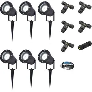 HOFTRONIC 6er Set Sydney LED Gartenstrahler mit Erdspieß - Dimmbar - Schwenkbar - GU10 4 Watt 345 Lumen - 6500K tageslichtweiß - IP64 Wasserdicht - Schwarz- Erdspießstrahler - Inklusive Installationsmaterial (Kabel & Verbinder)