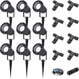 HOFTRONIC 9er Set Sydney LED Gartenstrahler mit Erdspieß - Dimmbar - Schwenkbar - GU10 4 Watt 345 Lumen - 6500K tageslichtweiß - IP64 Wasserdicht - Schwarz- Erdspießstrahler - Inklusive Installationsmaterial (Kabel & Verbinder)