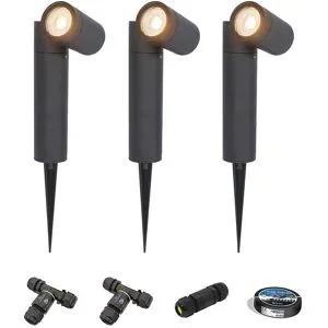 HOFTRONIC 3er Set Pinero LED Gartenstrahler mit Erdspieß - GU10 4W 345lm - Dimmbar - Schwenkbar - 2700K - IP65 - Schwarz - Erdspießstrahler - Inklusive Installationsmaterial (Kabel & Verbinder)