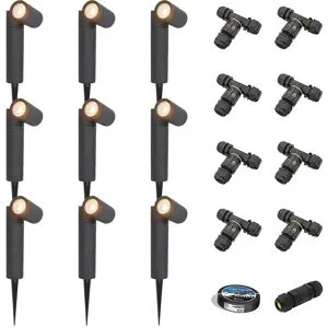 HOFTRONIC 9er Set Pinero LED Gartenstrahler mit Erdspieß - GU10 4W 345lm - Dimmbar - Schwenkbar - 2700K - IP65 - Schwarz - Erdspießstrahler - Inklusive Installationsmaterial (Kabel & Verbinder)