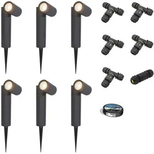 HOFTRONIC 6er Set Pinero LED Gartenstrahler mit Erdspieß - GU10 4W 345lm - Dimmbar - Schwenkbar - 4000K neutralweiß - IP64 - Schwarz - Erdspießstrahler - Inklusive Installationsmaterial (Kabel & Verbinder)