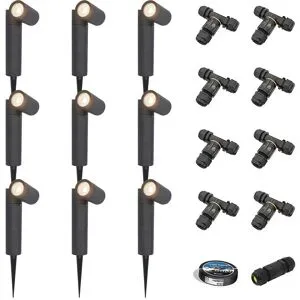 HOFTRONIC 9er Set Pinero LED Gartenstrahler mit Erdspieß - GU10 4W 345lm - Dimmbar - Schwenkbar - 4000K neutralweiß - IP64 - Schwarz - Erdspießstrahler - Inklusive Installationsmaterial (Kabel & Verbinder)