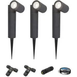 HOFTRONIC 3er Set Pinero LED Gartenstrahler mit Erdspieß - GU10 4W 345lm - Dimmbar - Schwenkbar - 6500K tageslichtweiß - IP64 - Schwarz - Erdspießstrahler - Inklusive Installationsmaterial (Kabel & Verbinder)