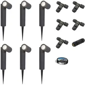 HOFTRONIC 6er Set Pinero LED Gartenstrahler mit Erdspieß - GU10 4W 345lm - Dimmbar - Schwenkbar - 6500K tageslichtweiß - IP64 - Schwarz - Gartenspot - Inklusive Installationsmaterial (Kabel & Verbinder)