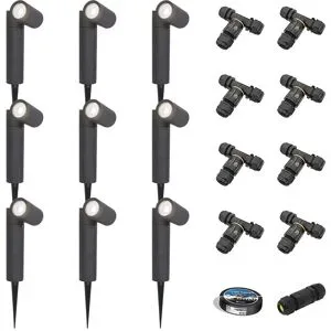 HOFTRONIC 9er Set Pinero LED Gartenstrahler mit Erdspieß - GU10 4W 345lm - Dimmbar - Schwenkbar - 6500K tageslichtweiß - IP64 - Schwarz - Gartenspot - Inklusive Installationsmaterial (Kabel & Verbinder)