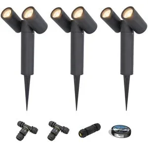 HOFTRONIC 3er Set Pinero Doppel LED Gartenstrahler mit Erdspieß - GU10 8W 690lm - Dimmbar - Schwenkbar - 2700K - IP65 - Schwarz- Gartenspot - Außenstrahler - Inklusive Installationsmaterial (Kabel & Verbinder)