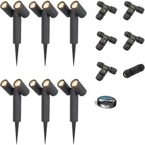 HOFTRONIC 6er Set Pinero Doppel LED Gartenstrahler mit Erdspieß - GU10 8W 690lm - Dimmbar - Schwenkbar - 2700K - IP65 - Schwarz- Gartenspot - Außenstrahler - Inklusive Installationsmaterial (Kabel & Verbinder)