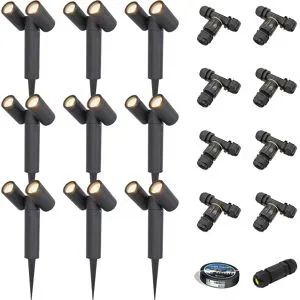 HOFTRONIC 9er Set Pinero Doppel LED Gartenstrahler mit Erdspieß - GU10 8W 690lm - Dimmbar - Schwenkbar - 2700K - IP65 - Schwarz- Gartenspot - Außenstrahler - Inklusive Installationsmaterial (Kabel & Verbinder)