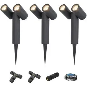 HOFTRONIC 3er Set Pinero Doppel LED Gartenstrahler mit Erdspieß - GU10 8W 690lm - Dimmbar - Schwenkbar - GU10 Fassung - 4000K neutralweiß - IP64 - Schwarz- Gartenspot - Außenstrahler - Inklusive Installationsmaterial (Kabel & Verbinder)