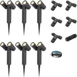 HOFTRONIC 6er Set Pinero Doppel LED Gartenstrahler mit Erdspieß - GU10 8W 690lm - Dimmbar - Schwenkbar - GU10 Fassung - 4000K neutralweiß - IP64 - Schwarz- Gartenspot - Außenstrahler - Inklusive Installationsmaterial (Kabel & Verbinder)
