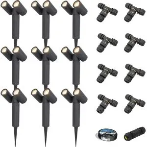 HOFTRONIC 9er Set Pinero Doppel LED Gartenstrahler mit Erdspieß - GU10 8W 690lm - Dimmbar - Schwenkbar - GU10 Fassung - 4000K neutralweiß - IP64 - Schwarz- Gartenspot - Außenstrahler - Inklusive Installationsmaterial (Kabel & Verbinder)