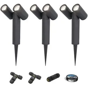 HOFTRONIC 3er Set Pinero Doppel LED Gartenstrahler mit Erdspieß - GU10 8W 690lm - Dimmbar - Schwenkbar - GU10 Fassung - 6500K tageslichtweiß - IP64 - Schwarz- Gartenspot - Außenstrahler - Inklusive Installationsmaterial (Kabel & Verbinder)