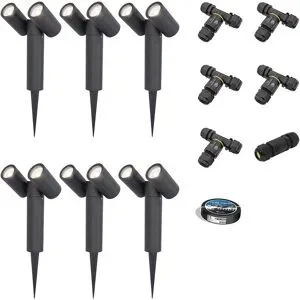 HOFTRONIC 6er Set Pinero Doppel LED Gartenstrahler mit Erdspieß - GU10 8W 690lm - Dimmbar - Schwenkbar - GU10 Fassung - 6500K tageslichtweiß - IP64 - Schwarz- Gartenspot - Außenstrahler - Inklusive Installationsmaterial (Kabel & Verbinder)