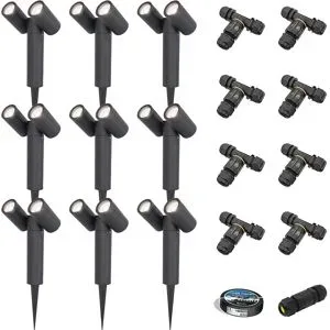 HOFTRONIC 9er Set Pinero Doppel LED Gartenstrahler mit Erdspieß - GU10 8W 690lm - Dimmbar - Schwenkbar - GU10 Fassung - 6500K tageslichtweiß - IP64 - Schwarz- Gartenspot - Außenstrahler - Inklusive Installationsmaterial (Kabel & Verbinder)