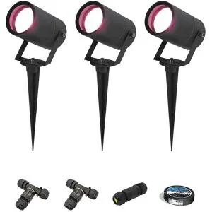 HOFTRONIC SMART 3er Set Spikey Smart Gartenstrahler mit Erdspieß - RGBWWW - Wifi + Bluetooth - 5,5W 400lm - IP65 Wasserdicht - App-Steuerung - Google Home, Amazon Alexa und Siri - Schwarz - Gartenspots - Inklusive Installationsmaterial (Kabel & Verb
