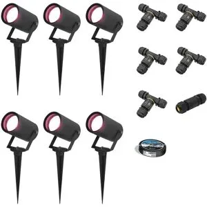 HOFTRONIC SMART 6er Set Spikey Smart Gartenstrahler mit Erdspieß - RGBWWW - Wifi + Bluetooth - 5,5W 400lm - IP65 Wasserdicht - App-Steuerung - Google Home, Amazon Alexa und Siri - Schwarz - Gartenspots - Inklusive Installationsmaterial (Kabel & Verb