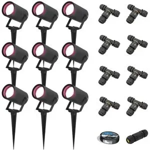 HOFTRONIC SMART 9er Set Spikey Smart Gartenstrahler mit Erdspieß - RGBWWW - Wifi + Bluetooth - 5,5W 400lm - IP65 Wasserdicht - App-Steuerung - Google Home, Amazon Alexa und Siri - Schwarz - Gartenspots - Inklusive Installationsmaterial (Kabel & Verb