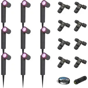 HOFTRONIC SMART 9er Set Pinero - Smart Gartenstrahler mit Erdspieß - IP65 - 5.5W 400lm - RGBWWW - GU10 - Wifi + Bluetooth - IP65 - Google Home, Amazon Alexa und Siri - Schwenkbar - Schwarz - Inklusive Installationsmaterial (Kabel & Verbinder)