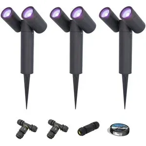 HOFTRONIC SMART 3er Set Pinero - Doppel Smart Gartenstrahler - IP65 - 11W 800lm - RGBWWW - GU10 - Wifi + Bluetooth - IP65 - Google Home, Amazon Alexa und Siri - Schwenkbar - Für Innen- und Außenbereich - Schwarz - Inklusive Installationsmaterial (K