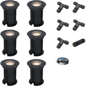 HOFTRONIC 6er Set Maisy LED Bodeneinbaustrahler außen - Ø12cm - Dimmbar - GU10 Fassung - 2700K warmweiß - 4W 345lm - Rund - Bodenstrahler - Auffahrt - Schwarz - IP67 - Inklusive Installationsmaterial (Kabel & Verbinder)