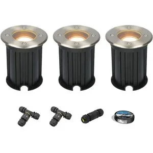 HOFTRONIC 3er Set Maisy LED Bodeneinbaustrahler außen - Ø12cm - Dimmbar - GU10 Fassung - 2700K warmweiß - 4W 345lm - Rund - Bodenstrahler - Auffahrt - Edelstahl - IP67 - Inklusive Installationsmaterial (Kabel & Verbinder)