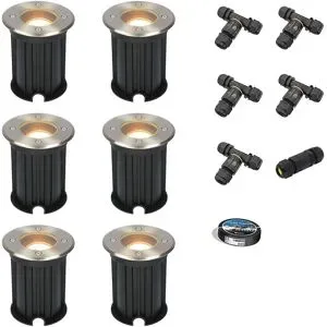 HOFTRONIC 6er Set Maisy LED Bodeneinbaustrahler außen - Ø12cm - Dimmbar - GU10 Fassung - 2700K warmweiß - 4W 345lm - Rund - Bodenstrahler - Auffahrt - Edelstahl - IP67 - Inklusive Installationsmaterial (Kabel & Verbinder)