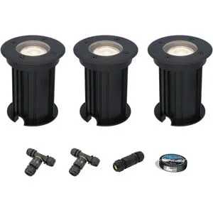 HOFTRONIC 3er Set Maisy LED Bodeneinbaustrahler außen - Ø12cm - Dimmbar - GU10 Fassung - 4000K neutralweiß - 4W 345lm - Rund - Bodenstrahler - Auffahrt - Schwarz - IP67 - Inklusive Installationsmaterial (Kabel & Verbinder)