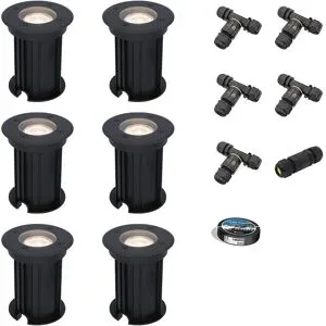 HOFTRONIC 6er Set Maisy LED Bodeneinbaustrahler außen - Ø12cm - Dimmbar - GU10 Fassung - 4000K neutralweiß - 4W 345lm - Rund - Bodenstrahler - Auffahrt - Schwarz - IP67 - Inklusive Installationsmaterial (Kabel & Verbinder)