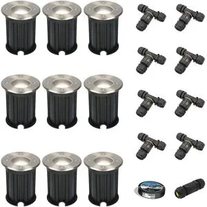 HOFTRONIC 9er Set Maisy LED Bodeneinbaustrahler außen - Ø12cm - Dimmbar - Rund - GU10 Fassung - 4 Watt 345 Lumen - 6500K tageslichtweiß - Edelstahl - IP67 wasserdicht - Bodenstrahler - Einfahrt - Inklusive Installationsmaterial (Kabel & Verbinder)