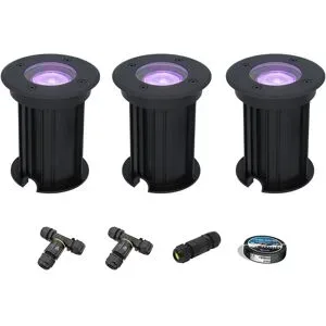 HOFTRONIC SMART 3er Set Maisy Smart Bodeneinbaustrahler außen - Ø12cm - 5.5W 400lm - RGBWW - Wifi + Bluetooth - APP-Steuerung - IP67 wasserdicht - Google Home - Amazon Alexa - Schwarz - Inklusive Installationsmaterial (Kabel & Verbinder)