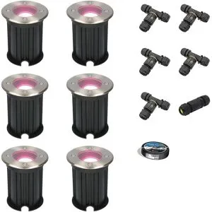 HOFTRONIC SMART 6er Set Maisy Smart Bodeneinbaustrahler außen - Ø12cm - 5.5W 400lm - RGBWW - Wifi + Bluetooth - App Steuerung - IP67 wasserdicht - Google Home - Amazon Alexa - Edelstahl - Inklusive Installationsmaterial (Kabel & Verbinder)