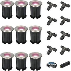 HOFTRONIC SMART 9er Set Maisy Smart Bodenstrahler außen - Ø12cm - 5.5W 400lm - RGBWW - Wifi + Bluetooth - App Steuerung - IP67 wasserdicht - Google Home - Amazon Alexa - Edelstahl - Inklusive Installationsmaterial (Kabel & Verbinder)