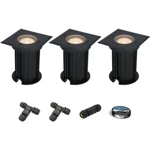 HOFTRONIC 3er Set Ramsay LED Bodeneinbaustrahler außen Eckig - Dimmbar - GU10 Fassung - 2700K warmweiß - 4W 345lm - Bodenstrahler - Schwarz - IP67 - Inklusive Installationsmaterial (Kabel & Verbinder)