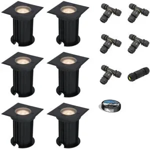 HOFTRONIC 6er Set Ramsay LED Bodeneinbaustrahler außen Eckig - Dimmbar - GU10 Fassung - 2700K warmweiß - 4W 345lm - Bodenstrahler - Schwarz - IP67 - Inklusive Installationsmaterial (Kabel & Verbinder)