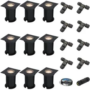 HOFTRONIC 9er Set Ramsay LED Bodeneinbaustrahler außen Eckig - Dimmbar - GU10 Fassung - 2700K warmweiß - 4W 345lm - Bodenstrahler - Schwarz - IP67 - Inklusive Installationsmaterial (Kabel & Verbinder)
