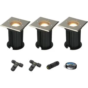 HOFTRONIC 3er Set Ramsay LED Bodeneinbaustrahler außen - Dimmbar - Eckig - GU10 Fassung - 4W 345lm - 2700K warmweiß - Edelstahl - IP67 wasserdicht - Bodenstrahler - Inklusive Installationsmaterial (Kabel & Verbinder)