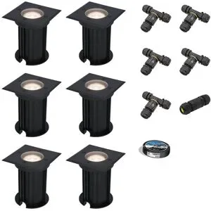 HOFTRONIC 6er Set Ramsay LED Bodeneinbaustrahler außen Eckig - Dimmbar - GU10 Fassung - 4000K neutralweiß - 4W 345lm - Bodenstrahler - Schwarz - IP67 - Inklusive Installationsmaterial (Kabel & Verbinder)